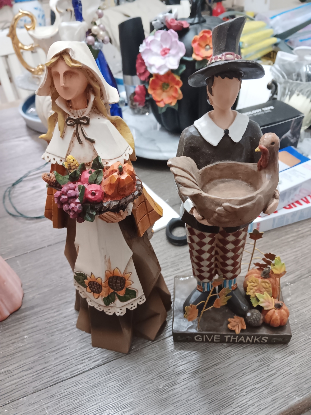 Brown Cream and Orange Harvest Figurine Pair - Thanksgiving Table Accents